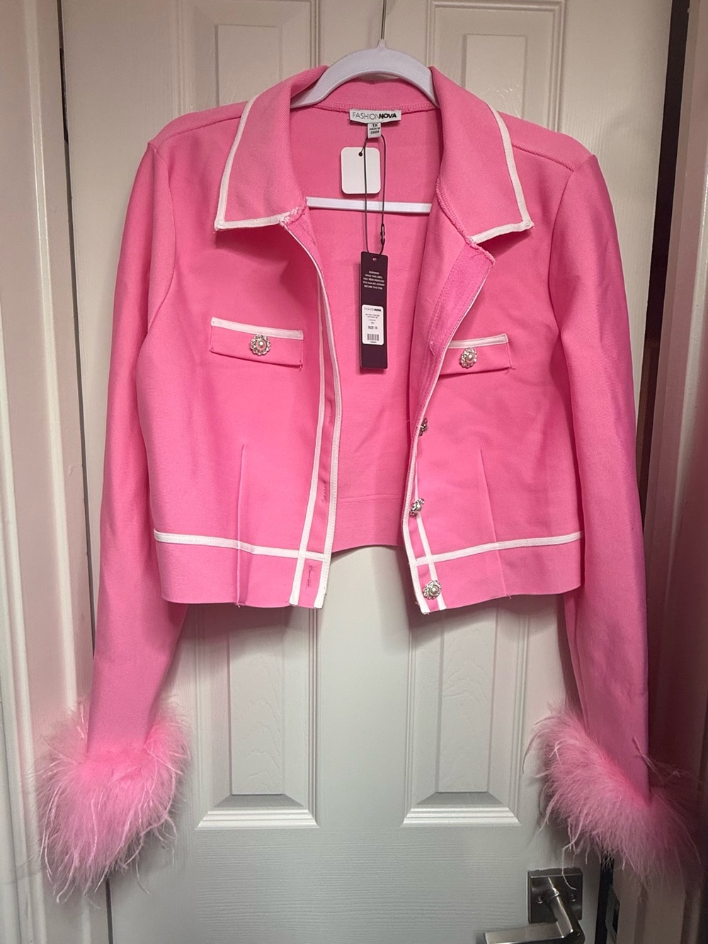 Fashion Nova Pink Cropped Jacket & skirt with Feather Cuffs